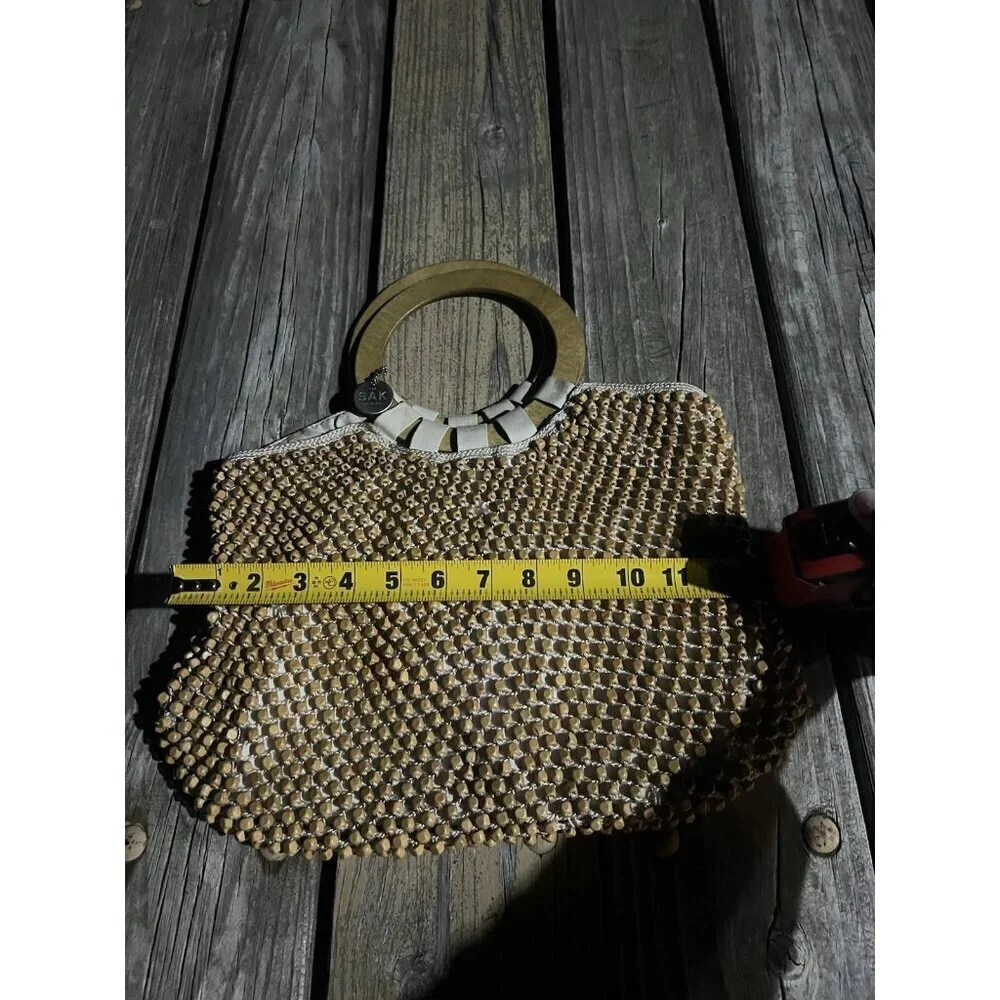 Vintage 90s The Sak beige cream crochet beaded top wood handle bag retro beachy